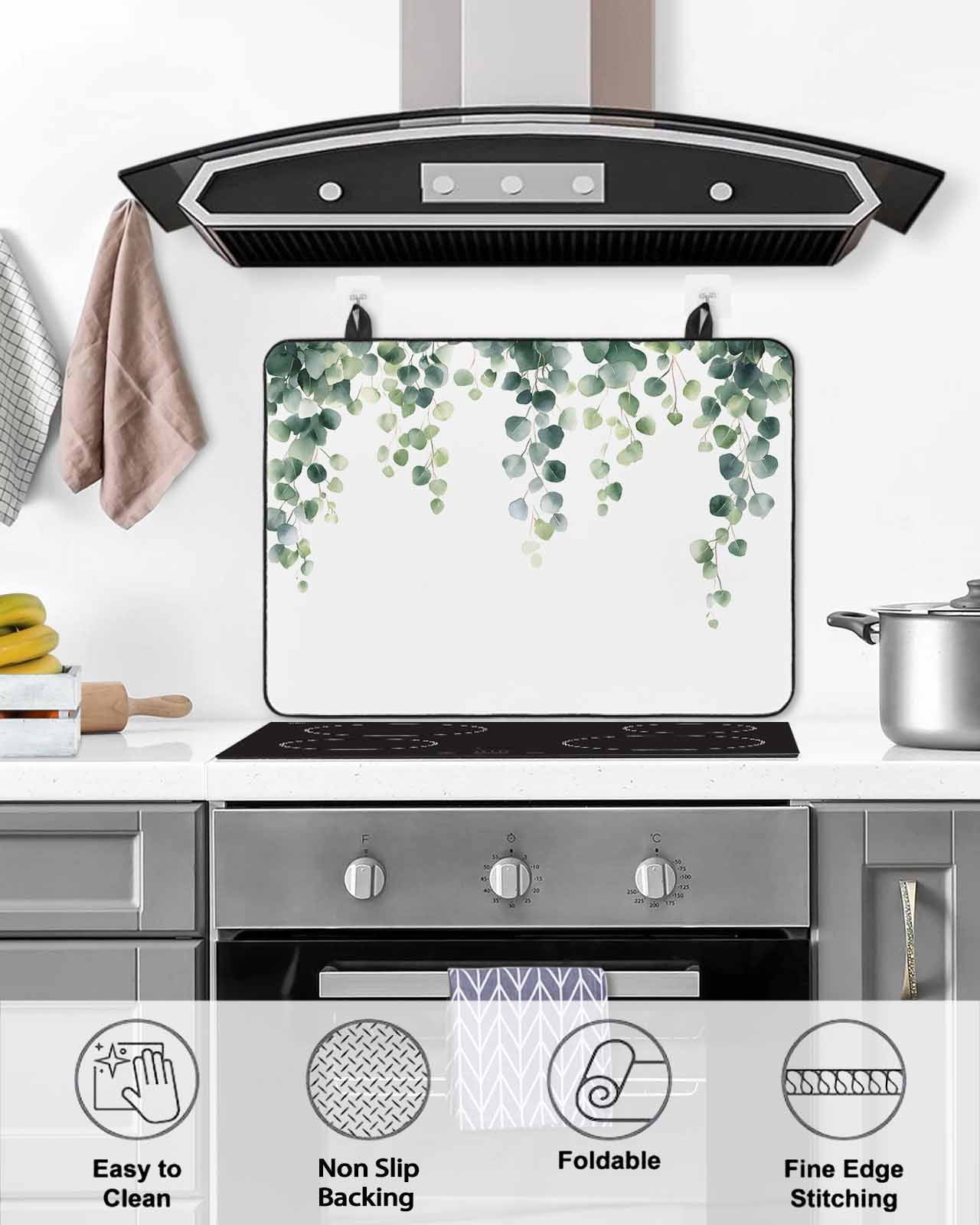 nqOlkjepod Large Induction Cooktop Protector Mat 36"x21", Green Leaves Stove Top Covers for Electric Stove, Watercolor Spring Eucalyptus Branches Stove Burner Cover Mats, Glass Top Stove Cover
