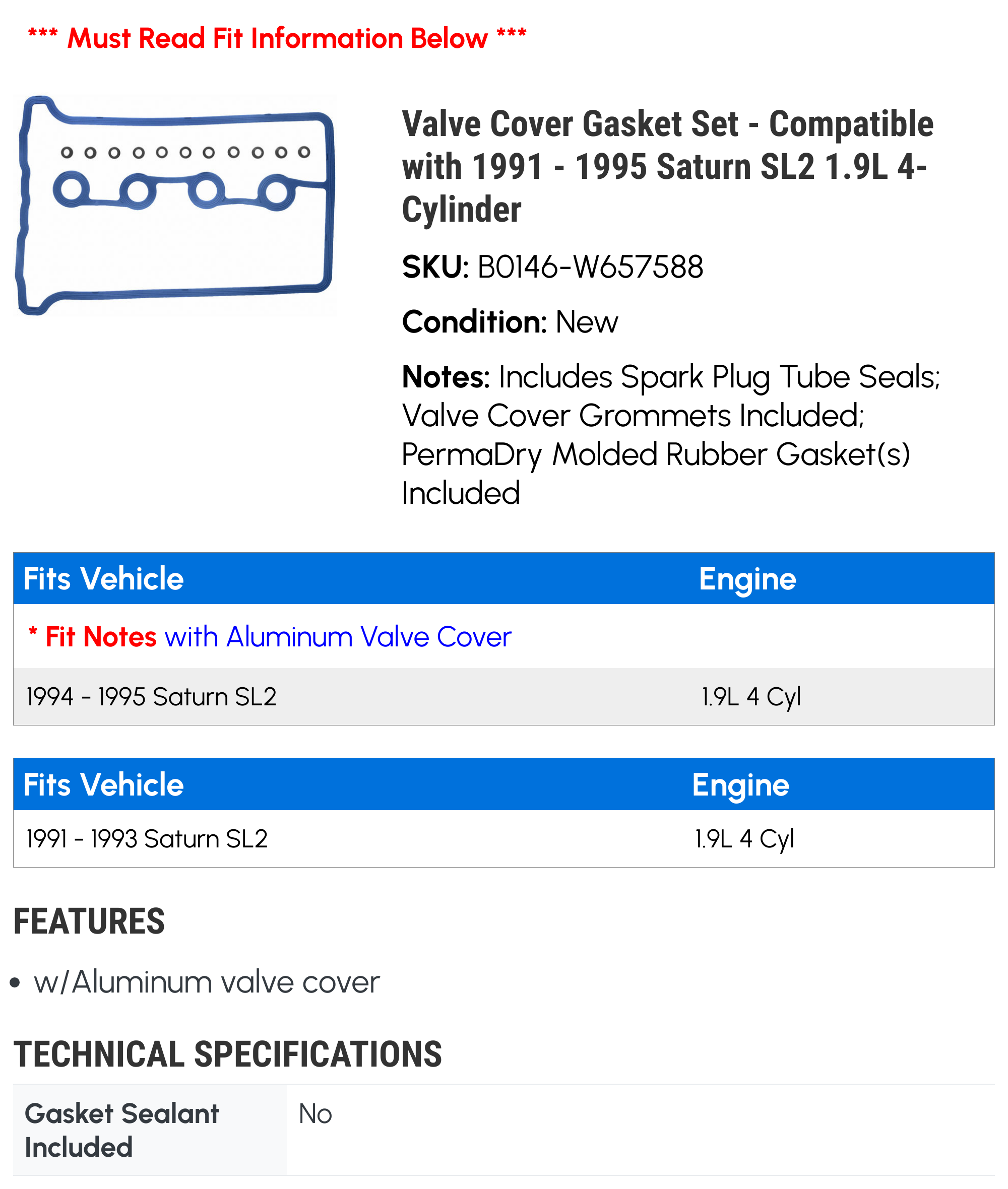Valve Cover Gasket Set Compatible with 1991 1995 Saturn SL2 1.9L  4-Cylinder 1992 1993 1994