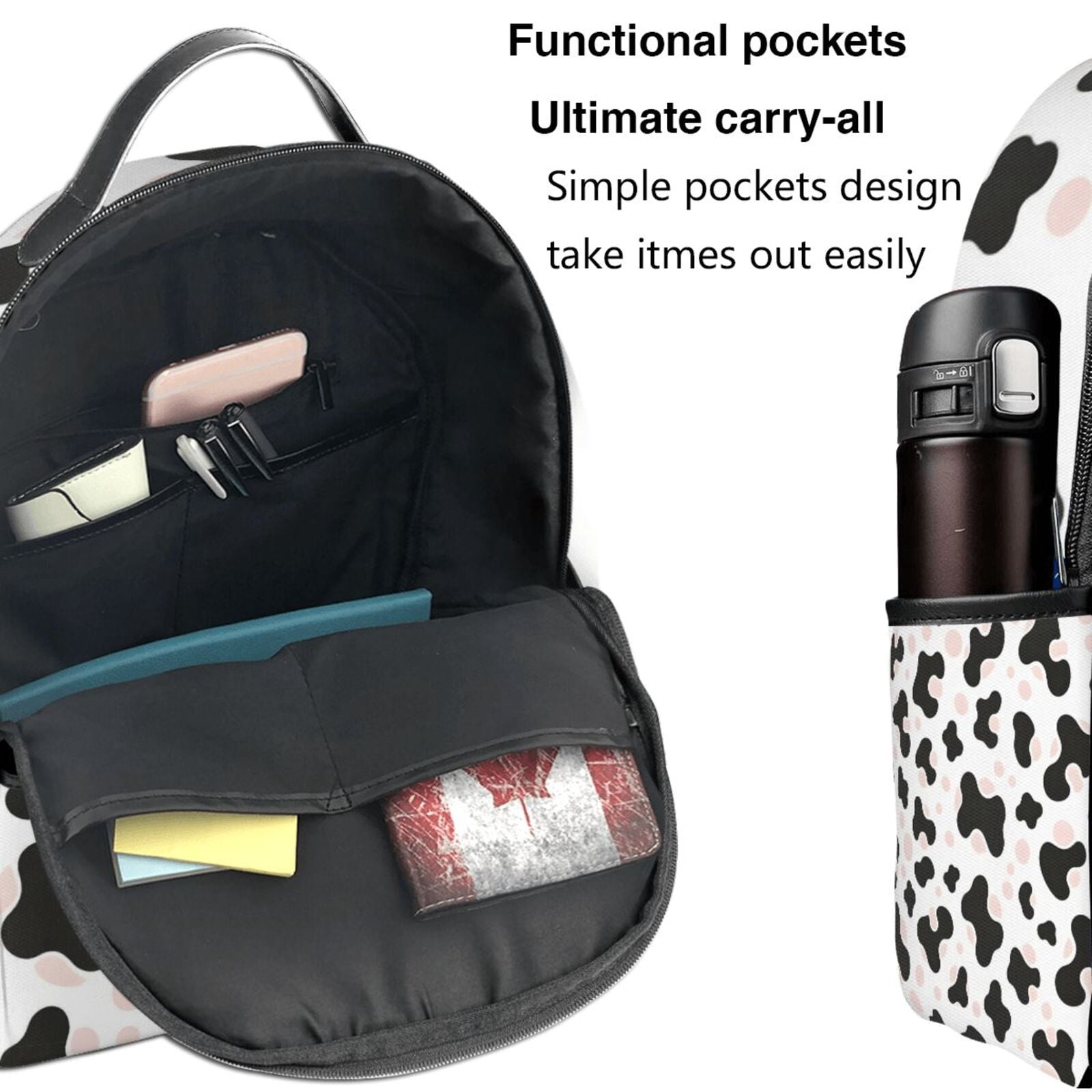 Lightweight Backpack With Adjustable Shoulder Strap Empty Bag Upright 12×14.5in For Weekend Holiday Travel Hiking Simple Cow-Print Pattern1_1