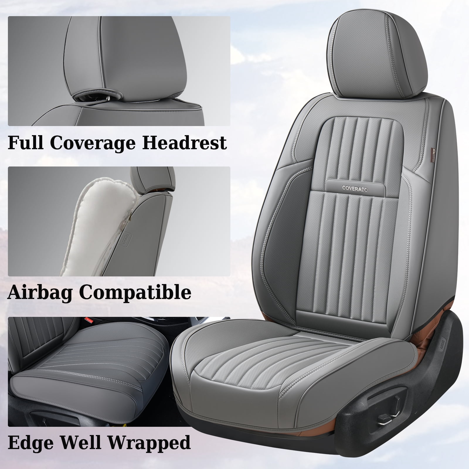 Coverado Car Seat Covers 2 Seats, Waterproof Faux Leather Front Seat Protectors, Auto Interior Cushions Universal Fit for Most Cars, Gray