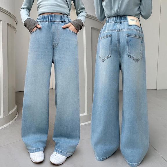 ZHOGXU Kids Girls Denim Pants With Pockets Elastic Waist Solid Color Straight Leg Wide Leg Fashion Comfortable Jeans Trousers For Casual Daily Wear,Light Blue,4-5 Years