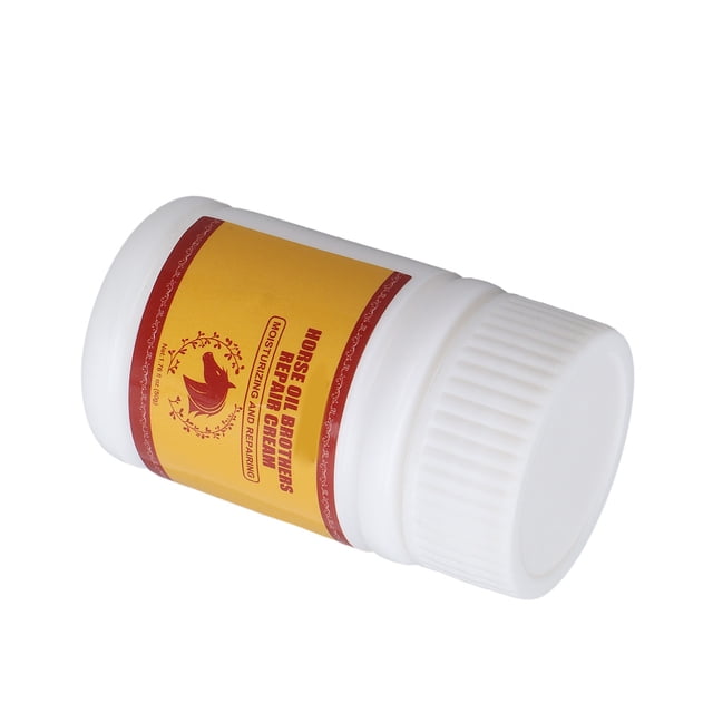 crema de aceite de caballo Anggrek 50 g bote blanco tumbado con tapa roscada y etiqueta amarilla con texto rojo; según la descripción, crema hidratante multiusos para manos y cuerpo de rápida absorción que puede ayudar a aliviar hinchazón y estasis sanguínea, a menudo usada también para suavizar cutículas.