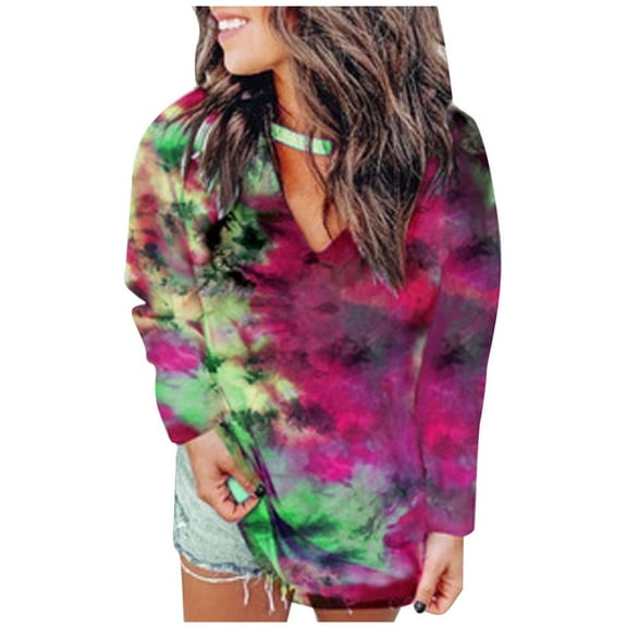 LYXSSBYX Women Long Sleeve Dress Hot Sale Clearance Fashion Women's Oversized Tie-Dye V Neck Long Sleeve Casual Loose T Shirts Tops