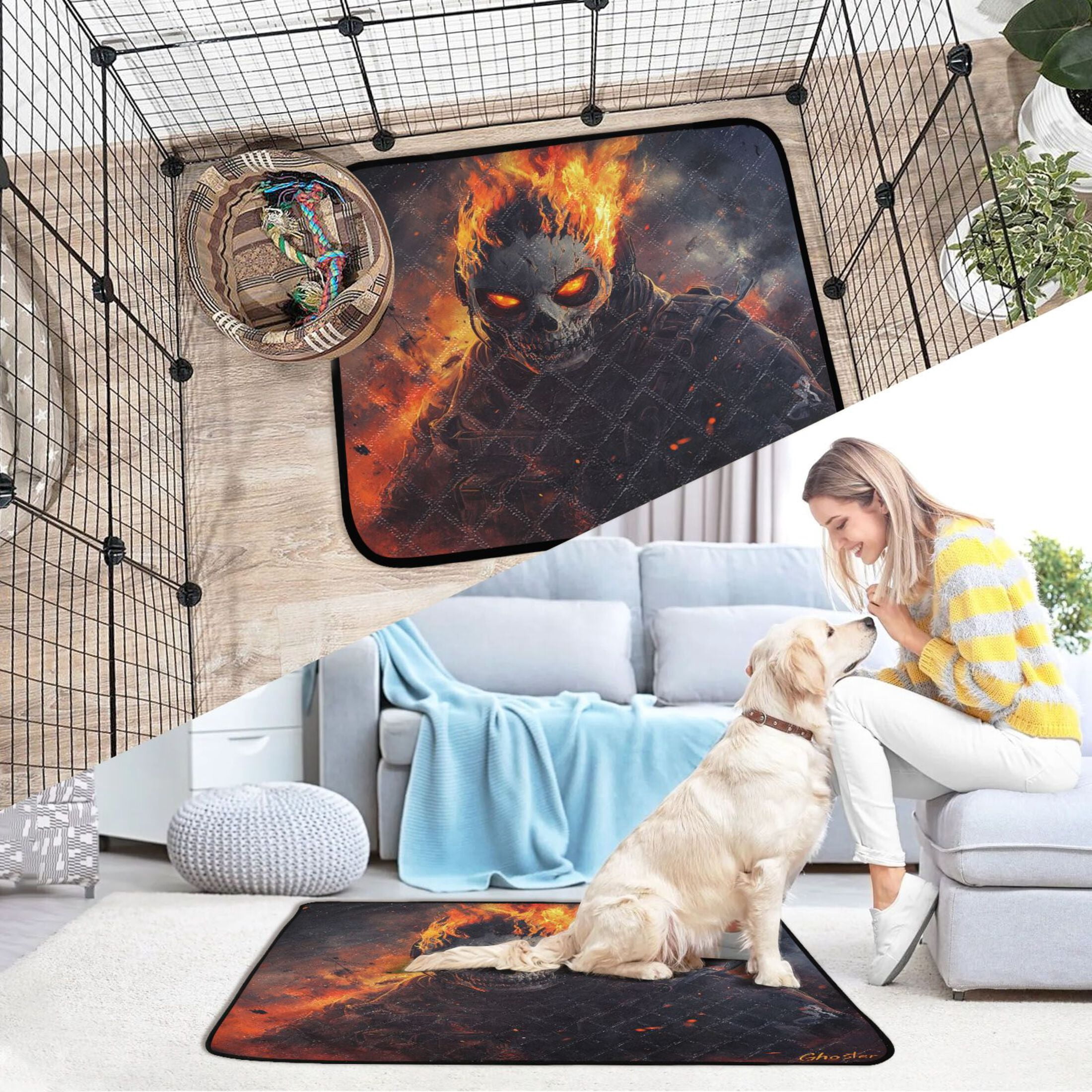 Qxltty Flaming Skull Mask Cat litter Pads Pet Set of 3 Diaper Mats Center Anti-leakage Layer Absorbent Soft and Comfortable