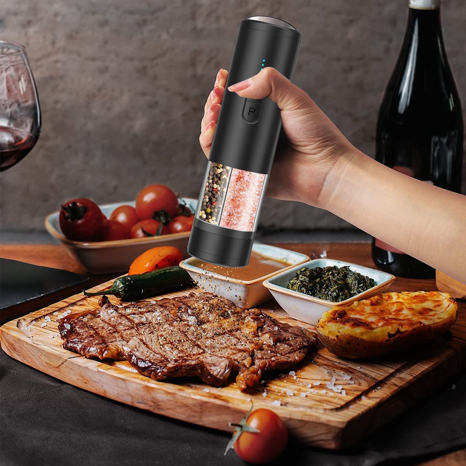 Seasoning And Pepper Grinder Set 2 In 1 USB Rechargeable Automatic And Pepper Mill Shakers With LED Light Battery Display Adjustable Coarseness Ideal For Kitchen