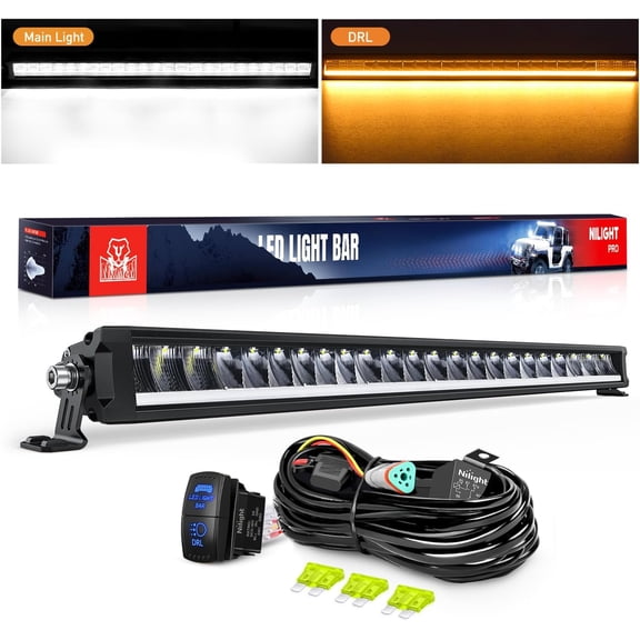 Nilight LED Light Bar with Amber DRL 30 Inch 120W Single Row Offroad Light Anti-Glare Flood Spot Combo LED Driving Bar IP68 w/ 14AWG DT Wiring Kit for Pickup Truck SUV ATV UTV Boat 4x4