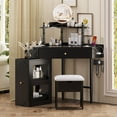 thumbnail image 2 of CQSXDA Corner Vanity Desk Set With Removable Pull-Out Side Cabinet, Walnut Finish And Cushioned Stool For Makeup Organization，Black, 2 of 15