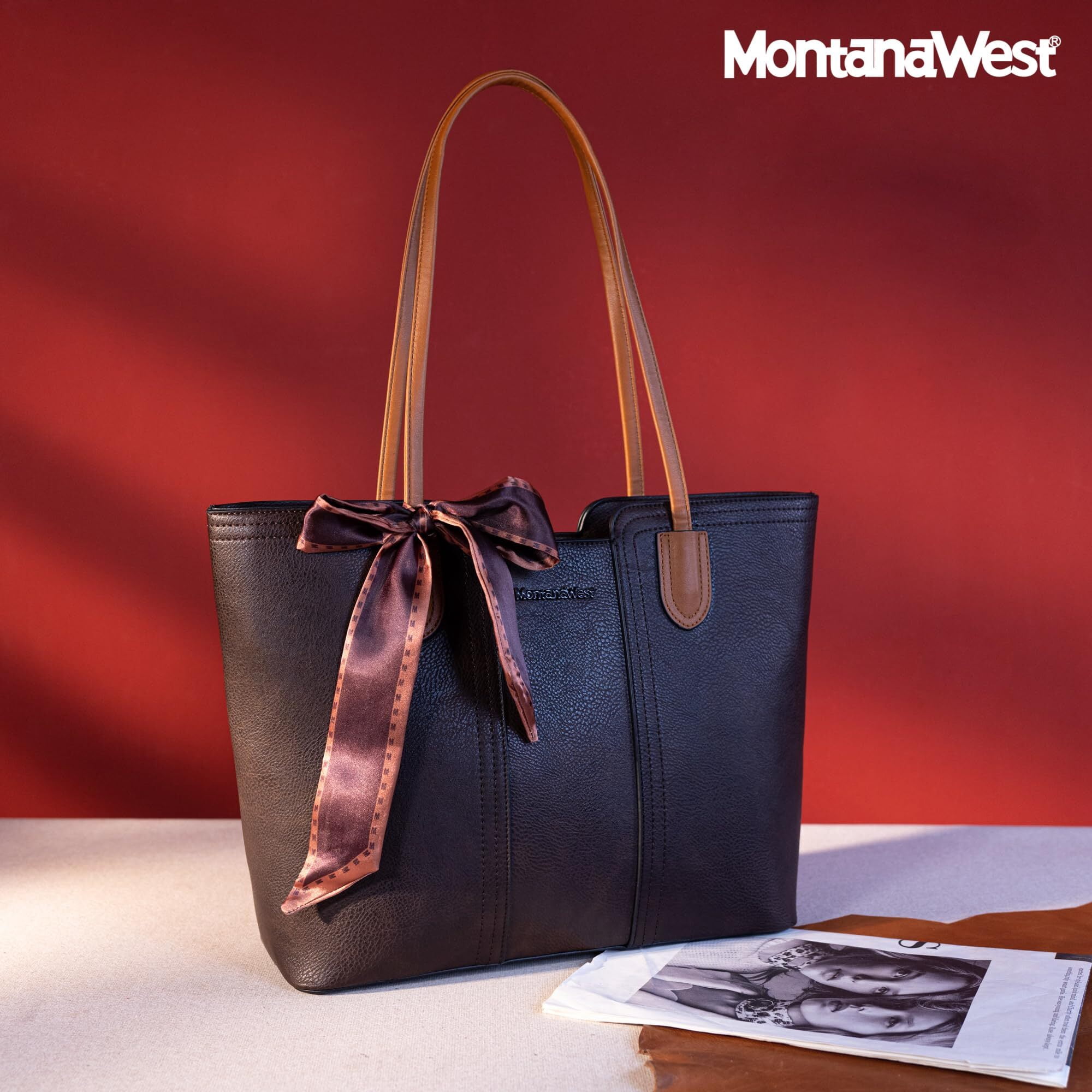 Montana West Tote Bags for Women Medium Top Handle Handbags with Scarf, Coffee