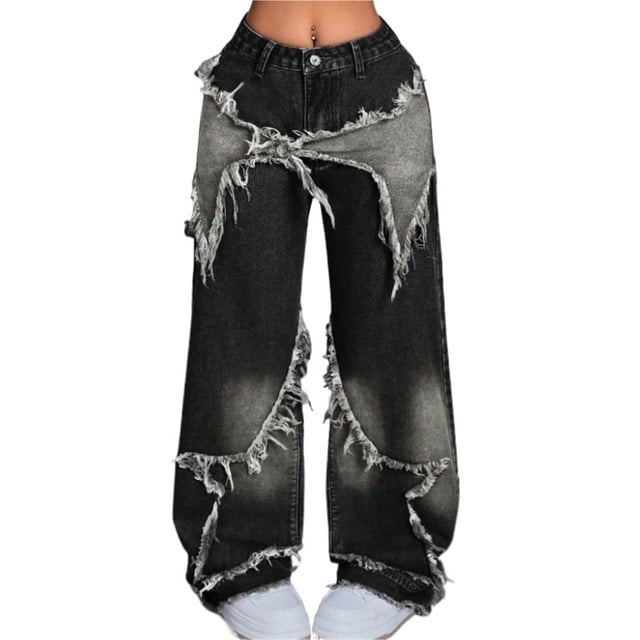 Pantalones vaqueros holgados Y2K for mujeres y niñas, pantalones vaqueros con dobladillo crudo y pierna ancha con retales de estrellas, ropa informal estilo Hip Hop, ropa Preppy