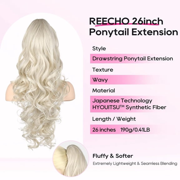 WEIF-Ponytail Extension, 26 Inch Drawstring Ponytail Extension Long Curly Wavy Pony Tails Hair Extensions Natural Fake Synthetic Clip in Ponytail Hairpiece for Women Daily, Platinum Blonde