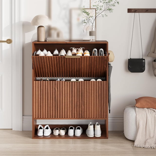 Modern Fluted Shoe Cabinet, Freestanding Narrow Shoe Storage Organizer with 2 Flip Drawers & Doors, Space-Saving Shoe Rack for Entryway Hallway, White