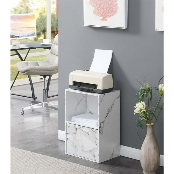 Homestock Handmade Home Storage 1-Door Cabinet In White Marble Finish, Chrome Door Knobs, Magnetic Hinges, Featuring Open And Closed Compartments, Ideal For Office Or Living Room