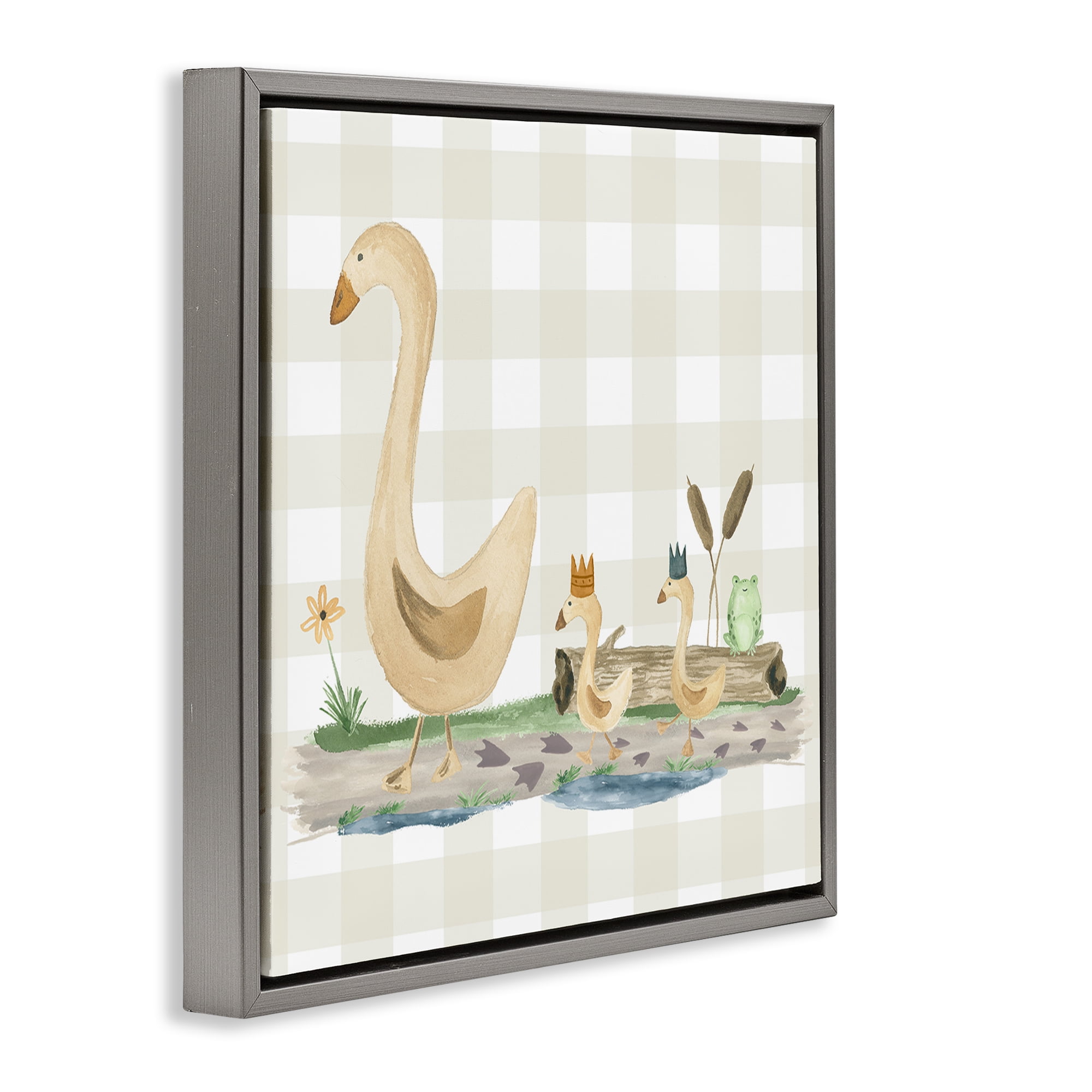 Stupell Industries Ducks on Yellow Plaid Animals Painting Gray Floater Framed Canvas Art Print Wall Art, 25 x 25