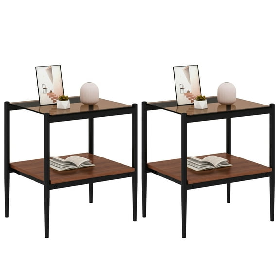 Gzxs End Tables Set of 2, Modern Glass Side Table with Open Shelf, 2-Tier Accent Rectangle Table with Black Metal Frame, for Living Room, Bedroom (Brown)
