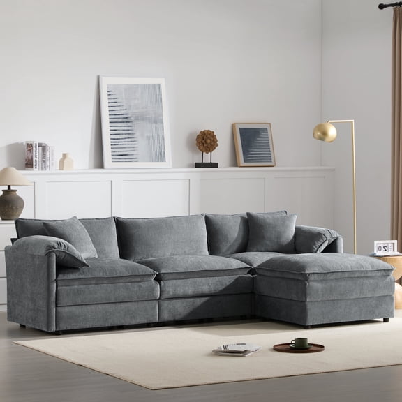 MODERNLUXE 103" Oversized Chenille Modular Sectional Sofa with Movable Ottoman,L-Shaped Cloud Couch with Double Cushions & Deep Seat ,4 Seat Sofa for Living Room & Apartment, Dark Gray