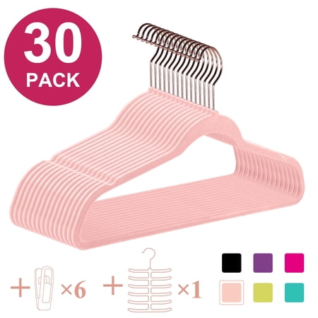 VECELO 30 Pack Velvet Clothes Hangers with 360 Rotating Hook Slim Space Saving Suit Hangers Pink