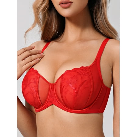 Deyllo Women s Sexy Lace Bra Demi Sheer Mesh Balconette Embroidered Underwire Unlined See Though Bra Red 34B