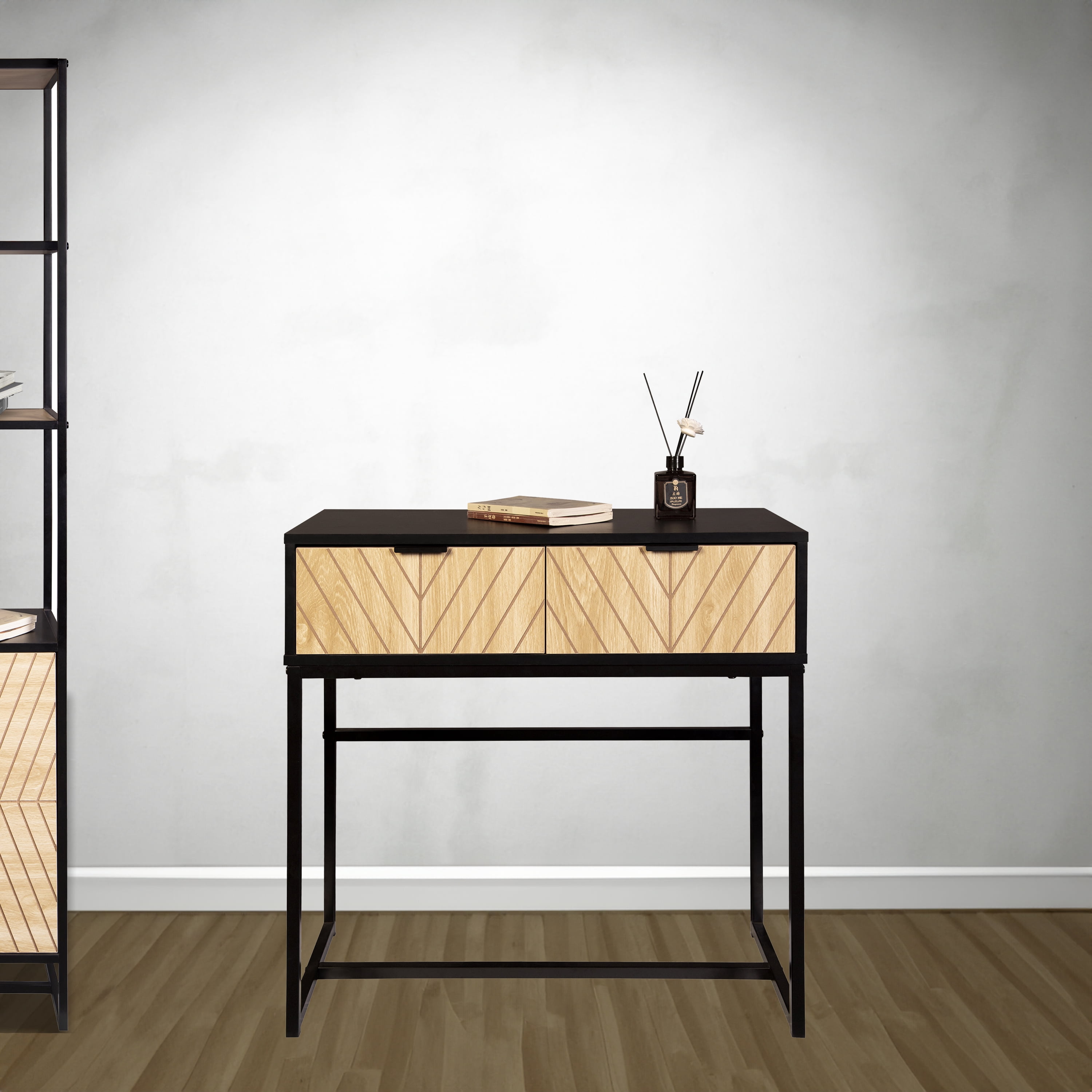 Modern Entryway Console Table, Matte Black Metal Frame Accent Table with Chevron Natural Wood Drawers, Compact Storage Sofa Side Table for Hallway Living Room Bedroom Small Spaces