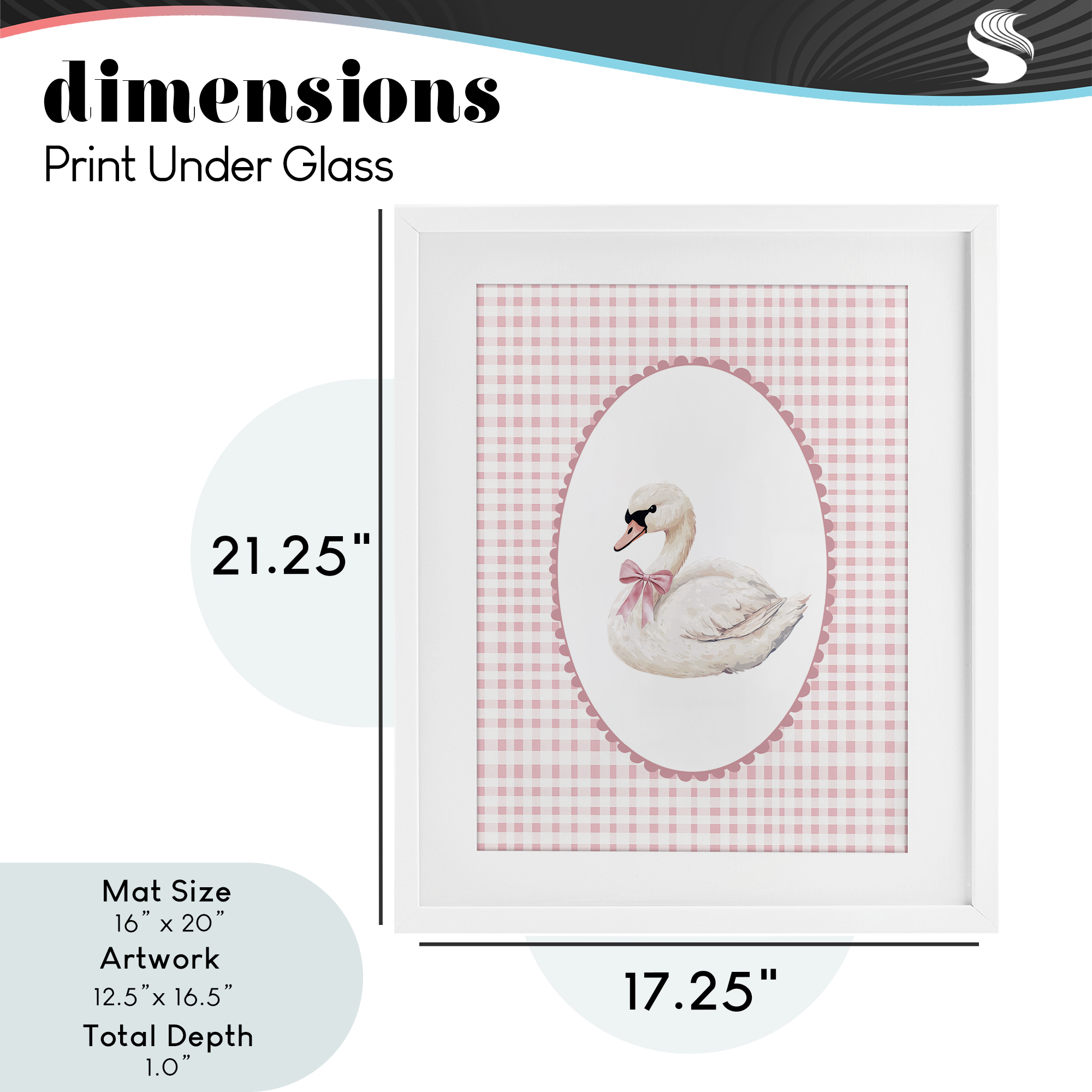 Gentle Swan on Pink Checkered White Framed Print Under Glass, design by Christine Simpson Art