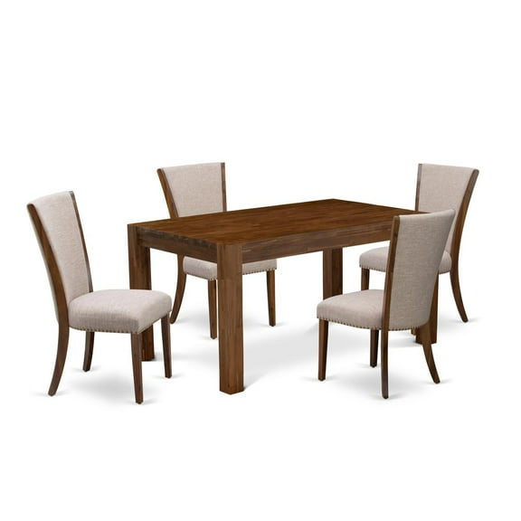 East West Furniture - CNVE5-N8-04 - 5-Pc Modern Dining Table Set- 4 Parson Dining Chairs and Dining Room Table - Light Tan Linen Fabric Seat and High Chair Back - Antique Walnut Finish