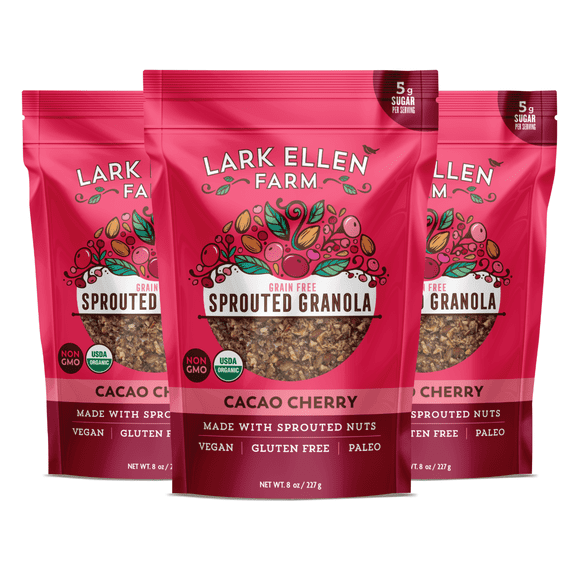 Lark Ellen Farm Cacao Cherry Grain Free Granola Clusters, Raw Sprouted Certified Organic Vegan, Nut and Seed Mix, Low Carb and Sugar, Paleo, Crunchy Gluten Free Bite - 3 pack