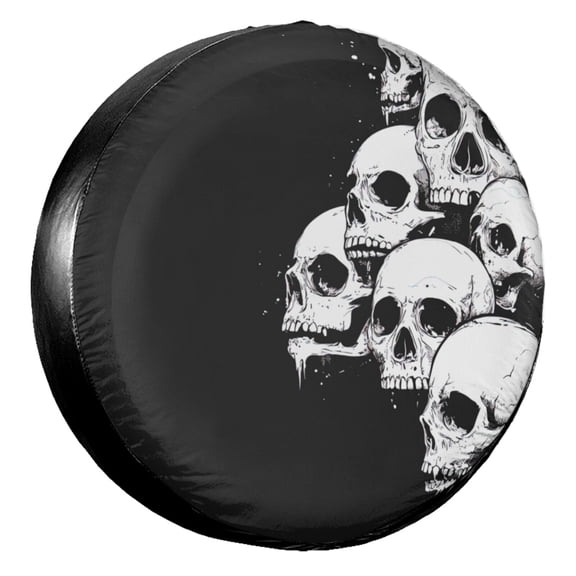 KAKALAD Black With White Skeleton Skulls 002 Spare Tire Cover Universal Vehicle Accessories Buckle Car Tools 14”in