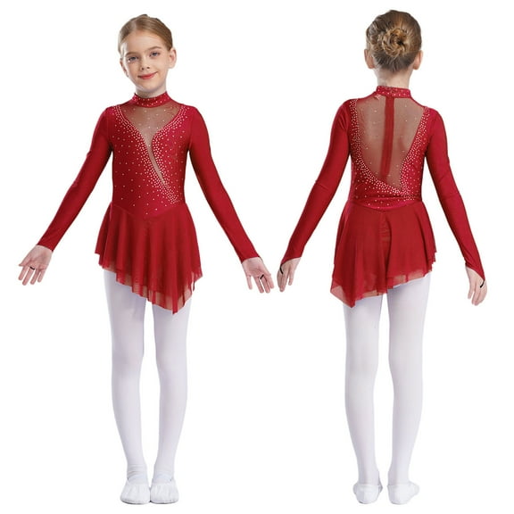 iiniim Kids Girls Glittery Rhinestones Mesh Splice Figure Ice Skating Gymnastics Leotard Dress Dancewear Burgundy 10