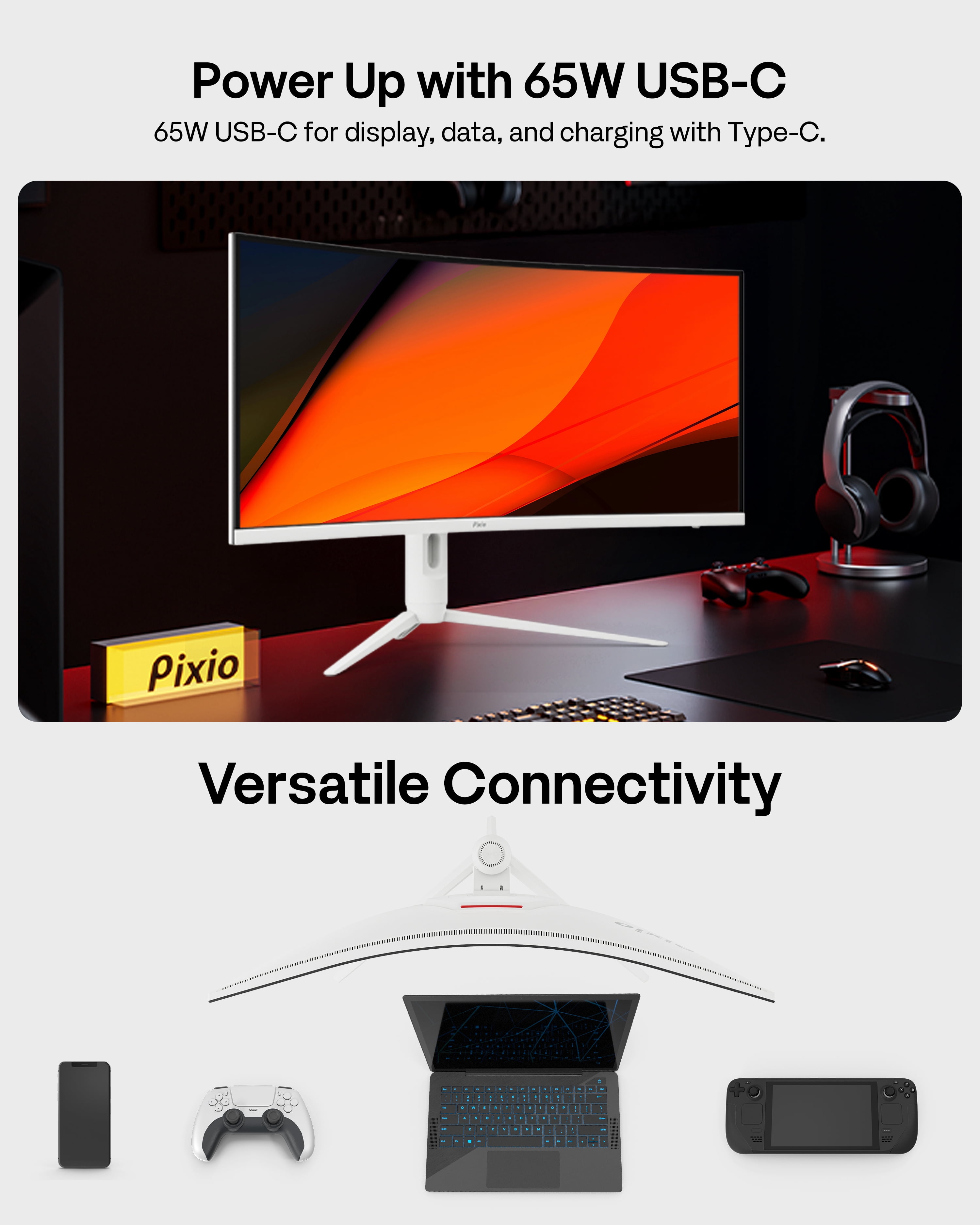 Pixio PXC348C Neo White 34" 180Hz Refresh Rate UWQHD 1440p Ultrawide Resolution 1000R Curve Fast VA Panel 1ms Response Time USB-C Displayport 65W Charging Adaptive Sync HDR Curved Gaming Monitor