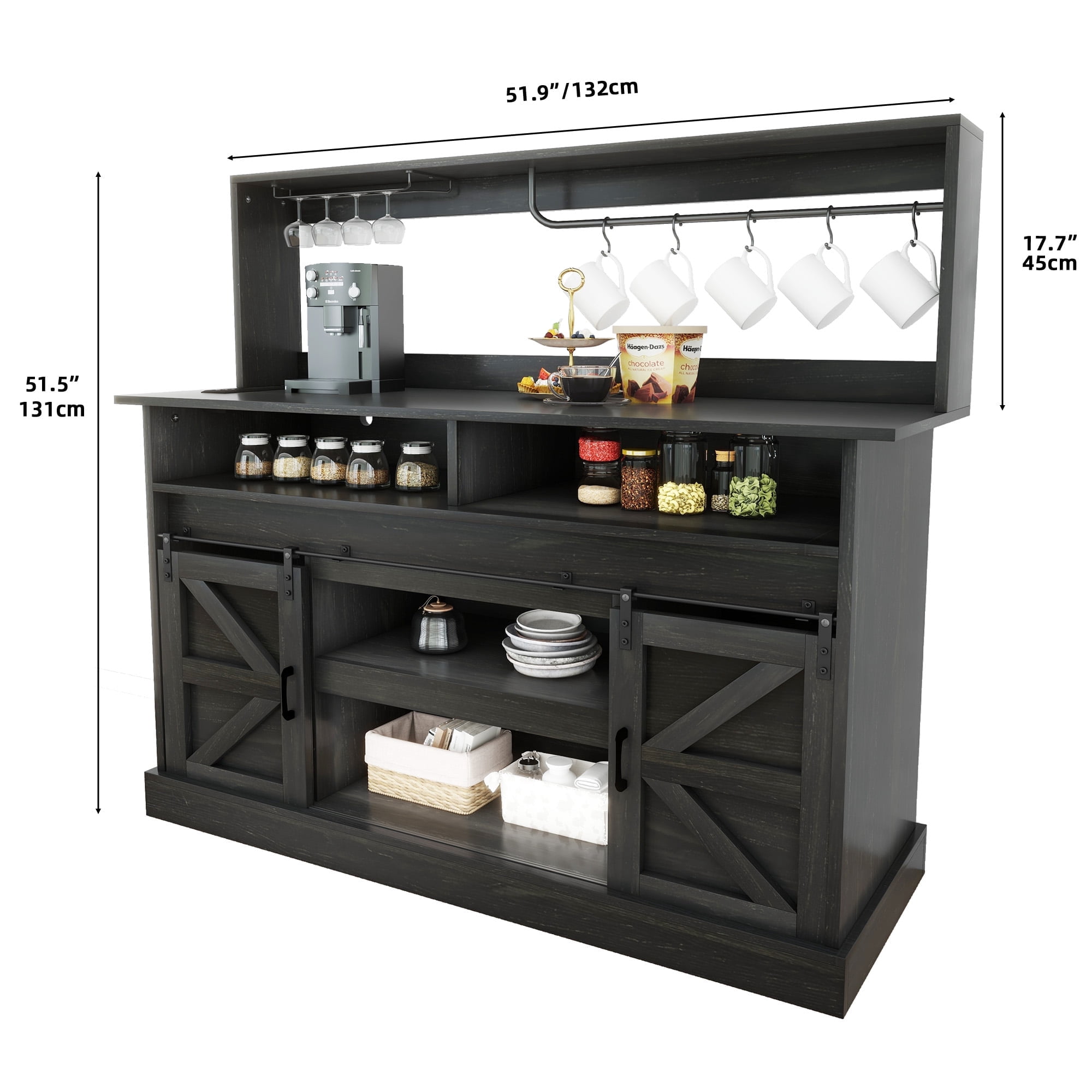 Uforic 52" Farmhouse Wine Cabinet, Sliding Barn Door Sideboard with Power Outlets & Goblet Holder (Black Oak)