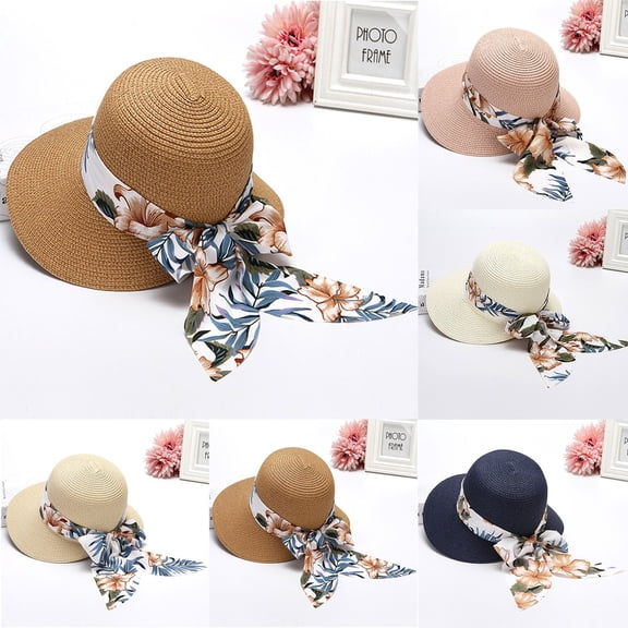 LRen Tea Party Hats for Women Women's Summer Wide Brim Straw Hat Floppy Beach Sun Cap with UPF 50 Roll Up Design for Travel B