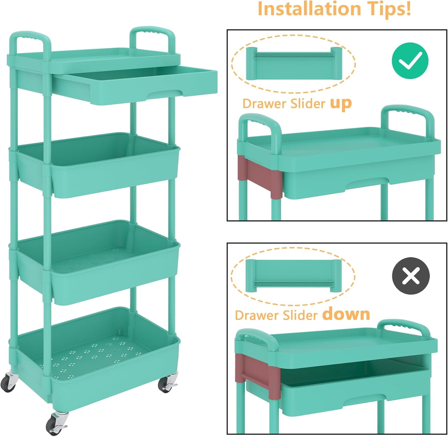 4-Tier Rolling Utility Cart with Drawer,Multifunctional Storage Organizer with Plastic Shelf & Metal Wheel,Storage Cart for Kitchen,Bathroom,Living Room,Office,Green