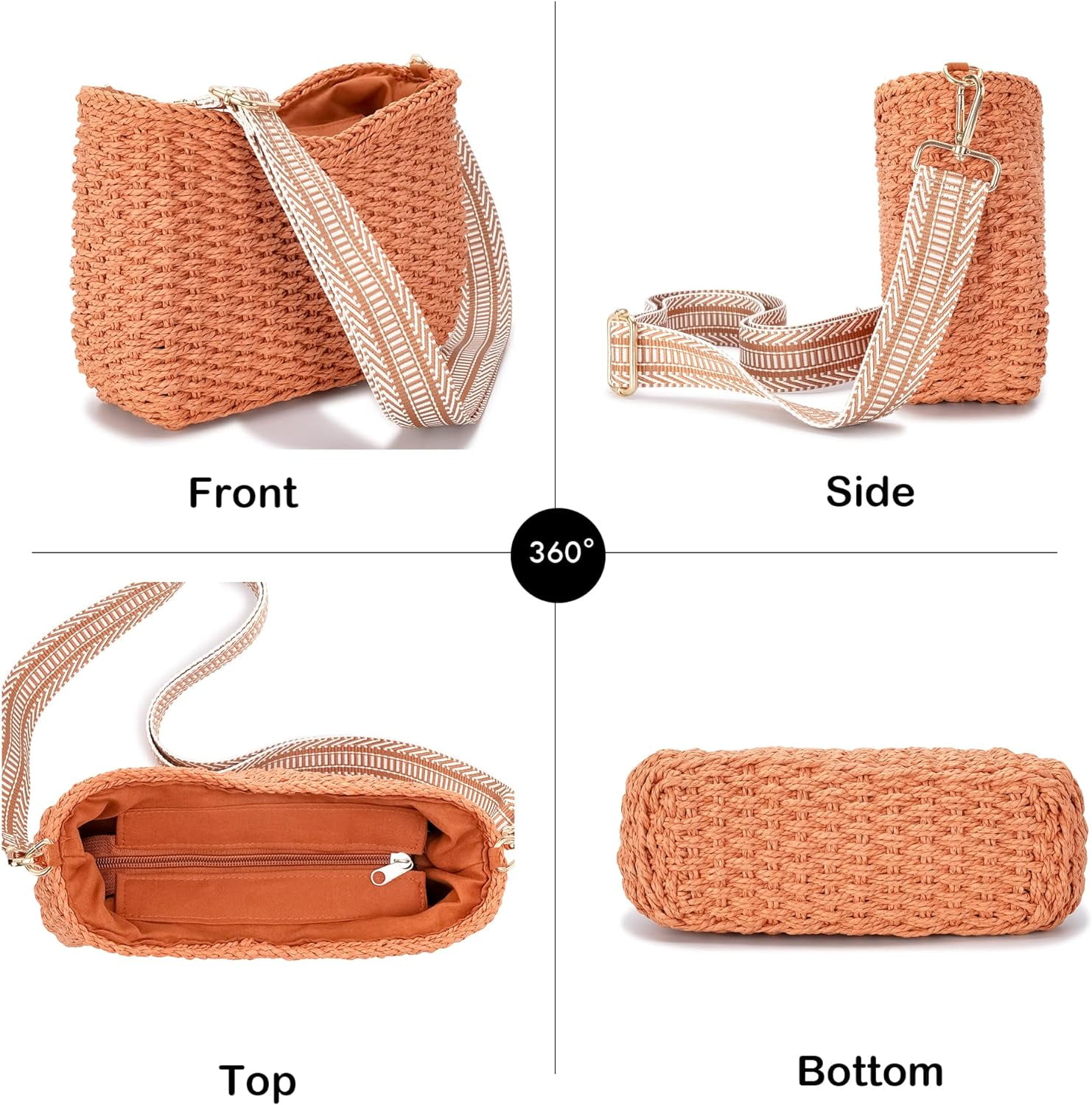 Small Handmade Straw Pocketbook Crossbody Bag for Women, Summer Chic Woven Handbag Shoulder Purse with Chain