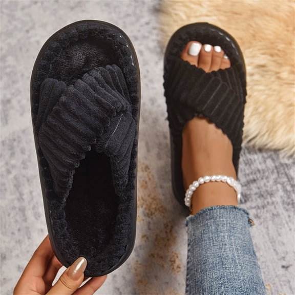 Comfy Slippers for Women Plush Crossstrap Open Toe Non-slip House Slippers Fall Slippers for Women Thick Soled Plush Slip‑on Indoor House Shoes
