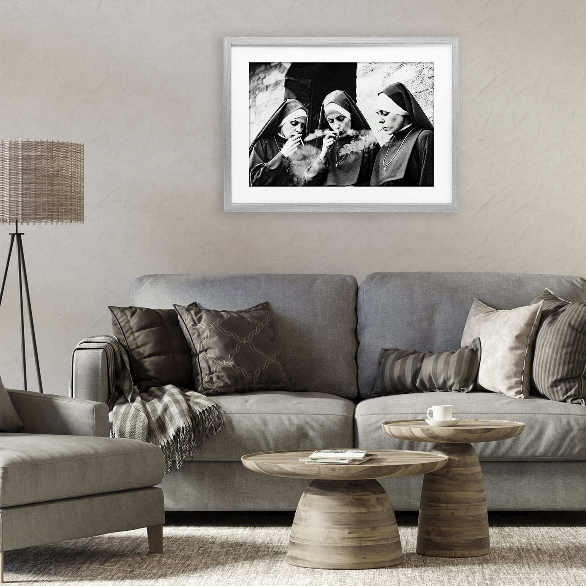Smoking Nuns Rebellion Gray Framed Print Under Glass, design by Decent Exposures