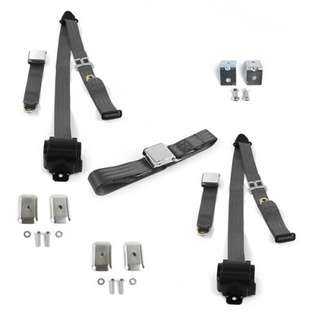 SafeTBoy Airplane 3 Point Charcoal Retractable Bench Seat Belt Kit with Bracketry for Ford Truck 1967-1979 - 3 Belts
