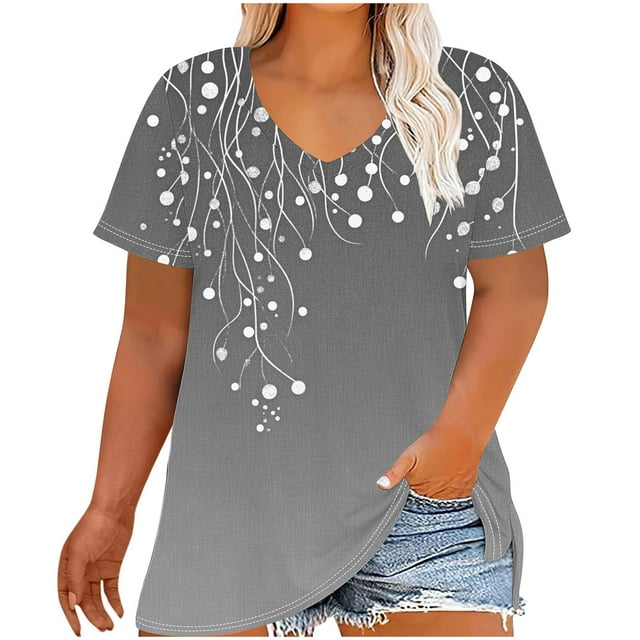 Camisetas Casuales de las Mujeres Más Tamaño V-Cuello Impresión Manga Corta Color Sólido Base de Verano Superior, Ligero para Diario