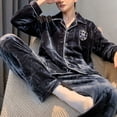 thumbnail image 4 of comerut 2 Pcs/Set Men Winter Pajamas Set Lapel Thick Buttons Single-breasted Loose Elastic Waist Warm Soft Pockets Wide Leg Solid Color Men Homewear Top Pants Set, 4 of 8