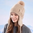 thumbnail image 2 of Womens Winter Beanie Hats with Furry Pom Pom Cute Knitted Caps with Earflaps, 2 of 4