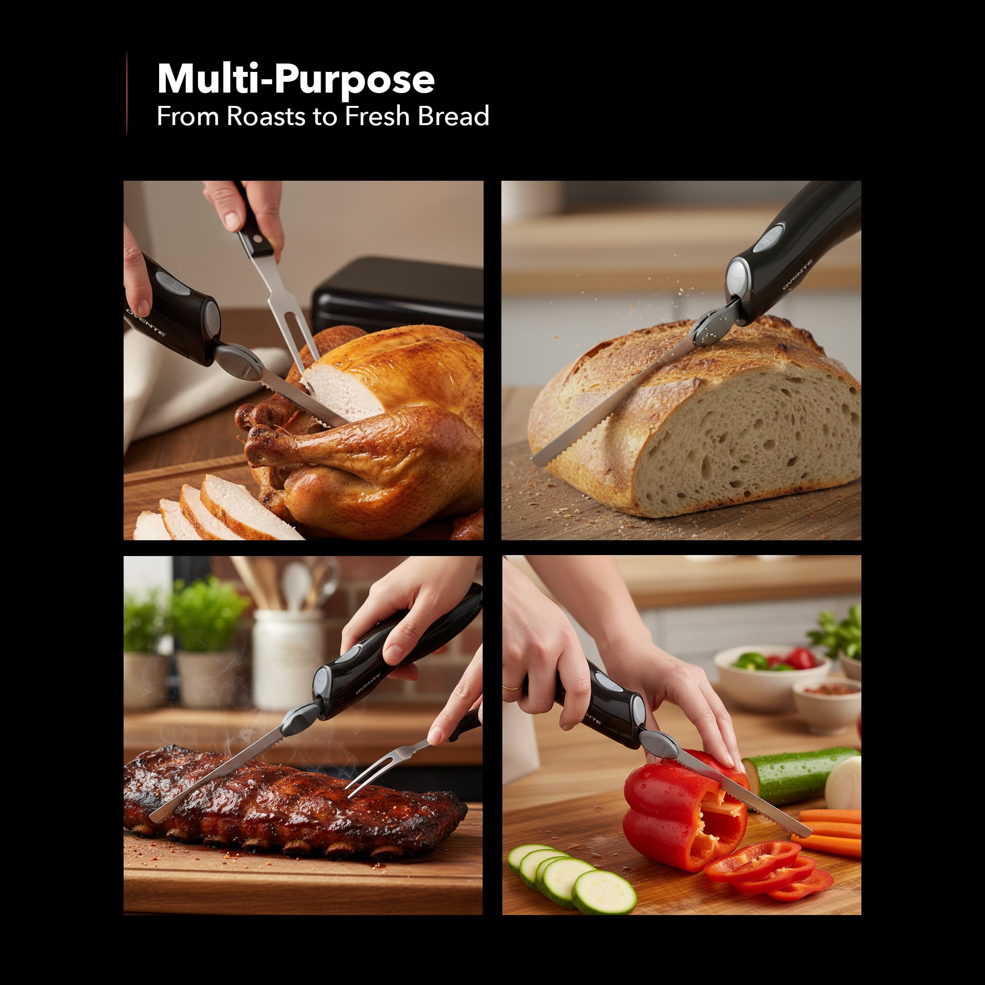 OVENTE Electric Knife Set with Two Serrated Stainless Steel Blades, Carving Fork, Storage Case, Safety Lock Button and Ergonomic Handle for Slicing Meat, Bread, Poultry, Fish and More, Black EK0813B