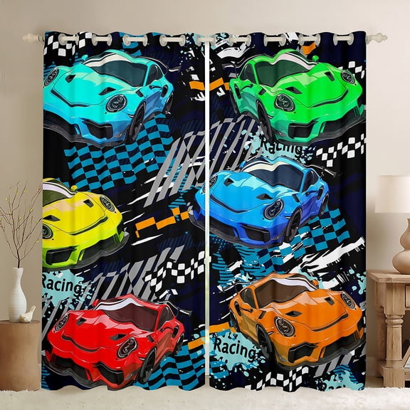 Homewish Cartoon Sports Car Black Out Curtains, Automobile Curtains Pack of 2 (42x63 Each), Checkeres Stripes Graffiti Bedroom Curtains, Window Curtains Home Decor
