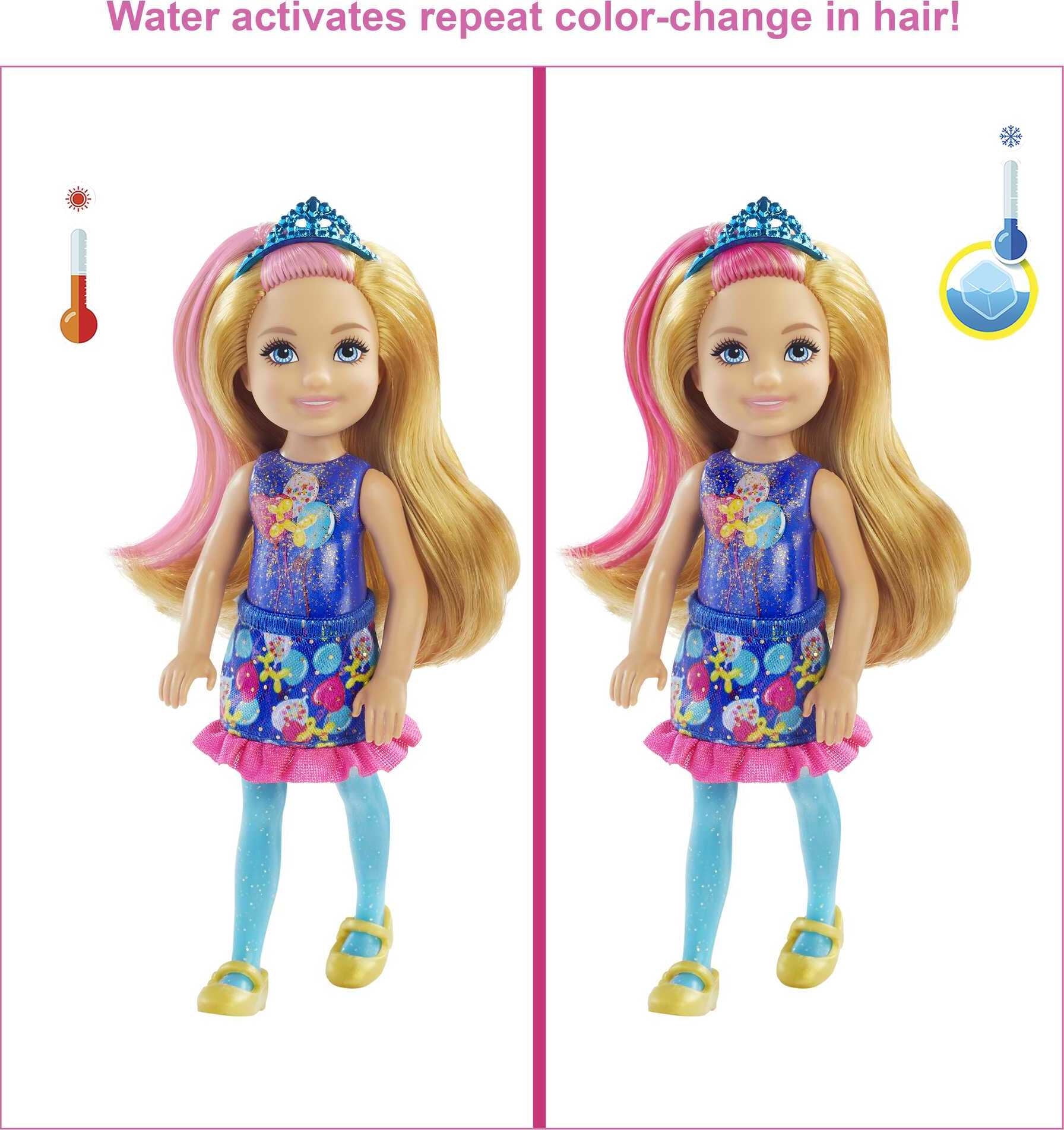 Barbie Color Reveal Chelsea Doll with 6 Surprises: Water Reveals Doll's  Look & Creates Color Change on Leotard Graphic