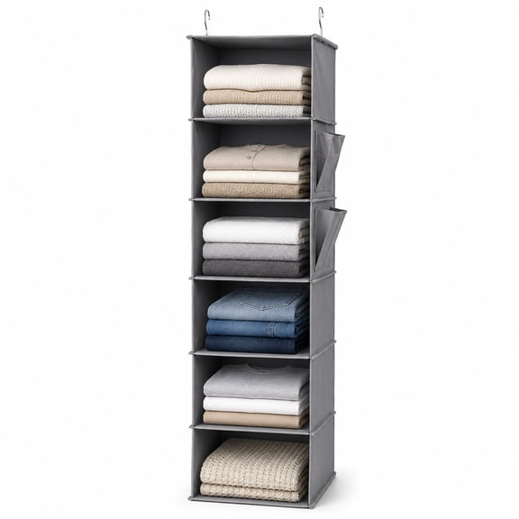 punada Hanging Closet Organizer, 6-Shelf Closet Hanging Storage Organizer with Side Pockets, Foldable Hanging Shelves for Clothes, Sweaters, Shoes and Accessories, Grey