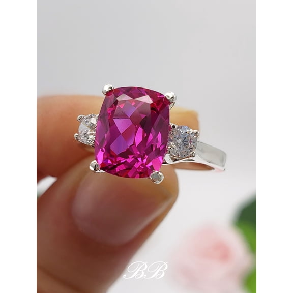 10x8mm Lab Dark Hot Pink Sapphire, Elongated Cushion Cut, Trellis Three Stone Ring, Sterling Silver or Gold, Made to Order, Jewelry Gift