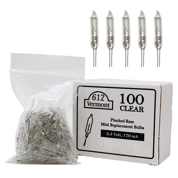 612 Vermont Ampoules de Remplacement Mini de Noël 2,5 V Transparentes pour Arbres de Noël et Guirlandes Lumineuses, Base Pincée, 100 Unités (0,42 Watts, 170 m