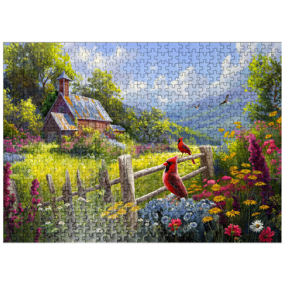 MyPuzzle - Vibrant Farmstead With Cardinals And Wildflowers - Premium 500 Piece Jigsaw Puzzle for Adults