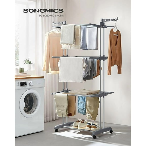 SONGMICS Tendedero, Tendedero Plegable de 4 Niveles, Asas Plegables, con Ruedas, 63.5 x 128 x 173 cm, Interior y Exterior, Gris