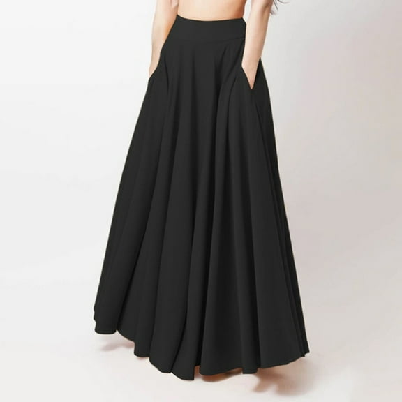 Topvent Shift Skirts for Women,Women Fashion Loose Casual Long Large Solid Pleated Skirt Elastic Waist Skirt Long Skirts Black L