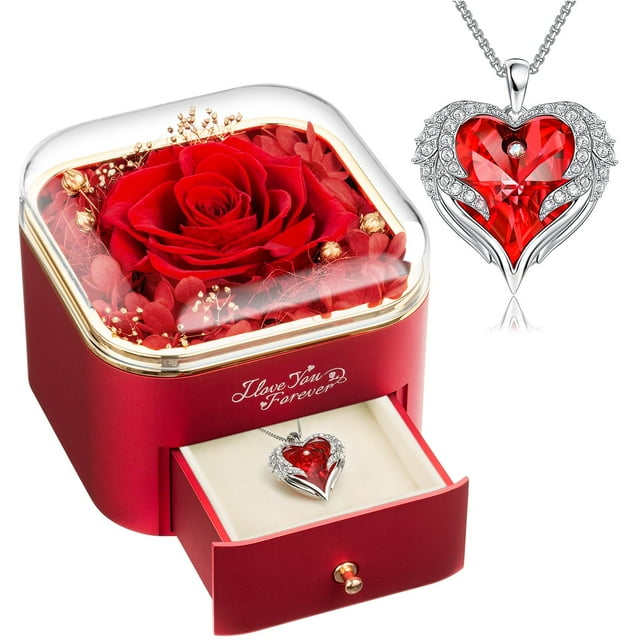 Collar de regalo NEWNOVE con rosas rojas preservadas con alas de ángel