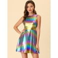 thumbnail image 3 of Vestido acampanado holográfico de cintura alta y cuello redondo sin mangas brillante metálico Clubwear para mujer Azul púrpura M, 3 of 6
