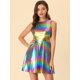 thumbnail image 3 of Vestido acampanado holográfico de cintura alta y cuello redondo sin mangas brillante metálico Clubwear para mujer Azul púrpura M, 3 of 6